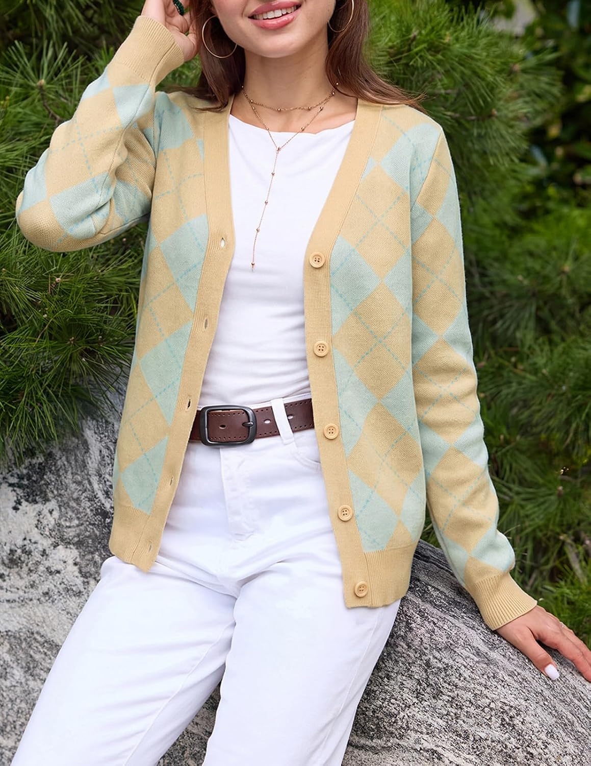 image:imageGRACE KARIN Cardigan Sweaters for Women Fall Argyle Sweater Preppy ClothesLight Yellow Blue