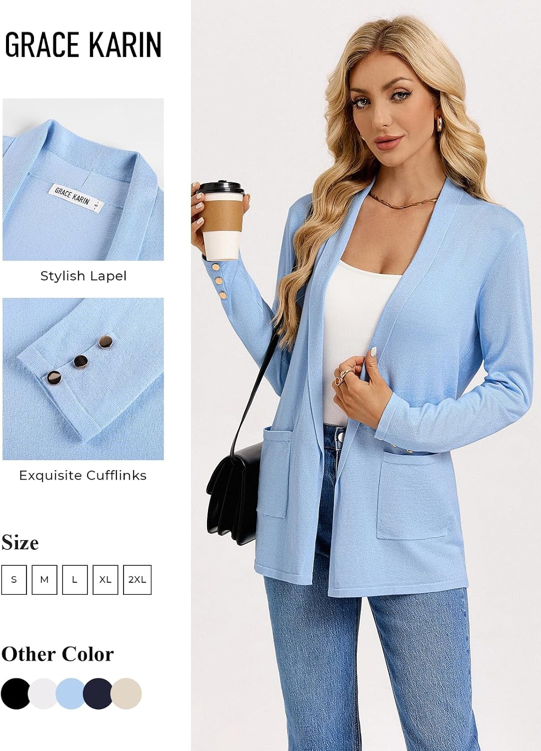 image:imageGRACE KARIN Long Cardigans for Women 2026 Business Casual Fall FashionLight Blue