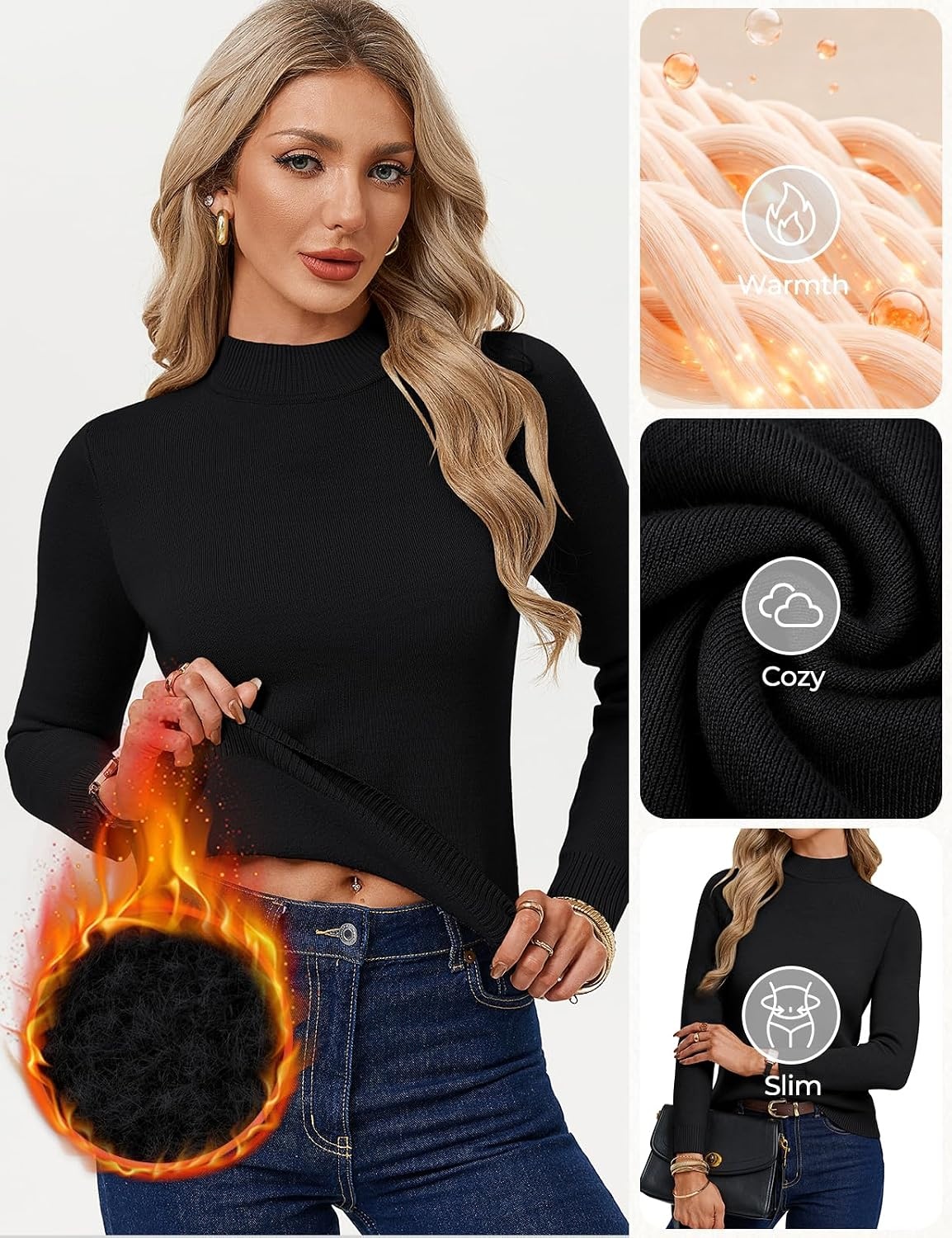 image:imageGRACE KARIN Women Fleece Sherpa Lined Sweater Long Sleeve Mock Neck TopsBlack