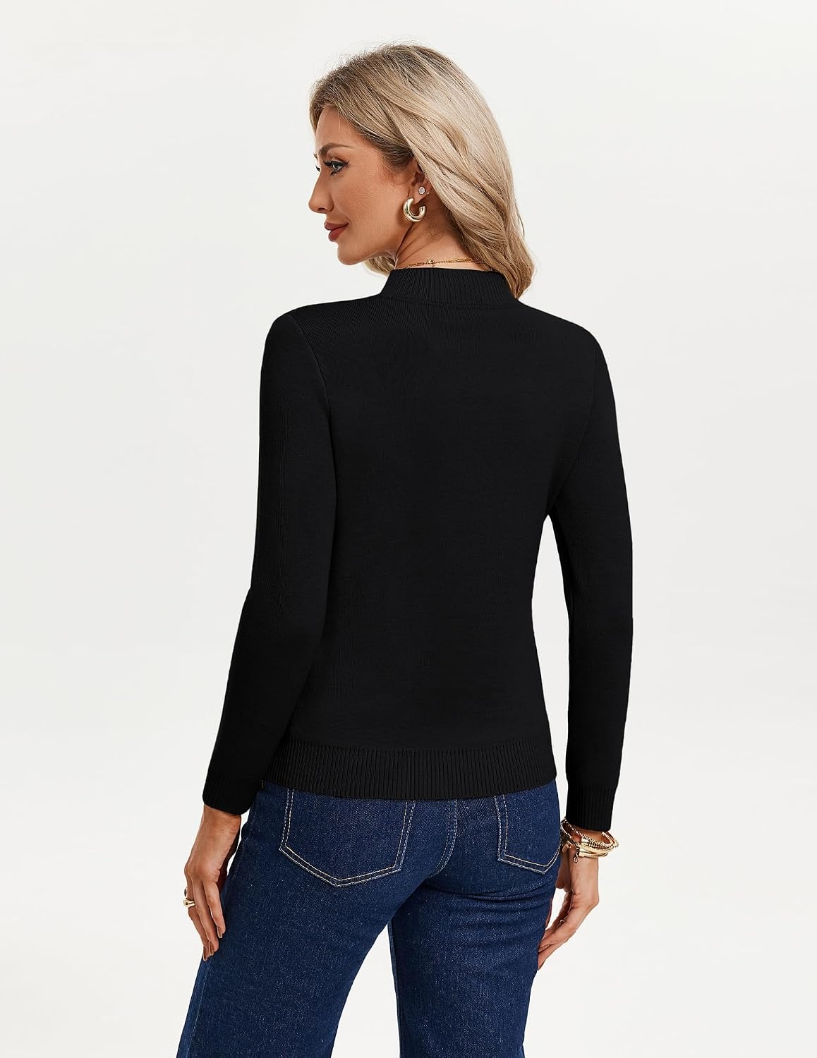 image:imageGRACE KARIN Women Fleece Sherpa Lined Sweater Long Sleeve Mock Neck TopsBlack