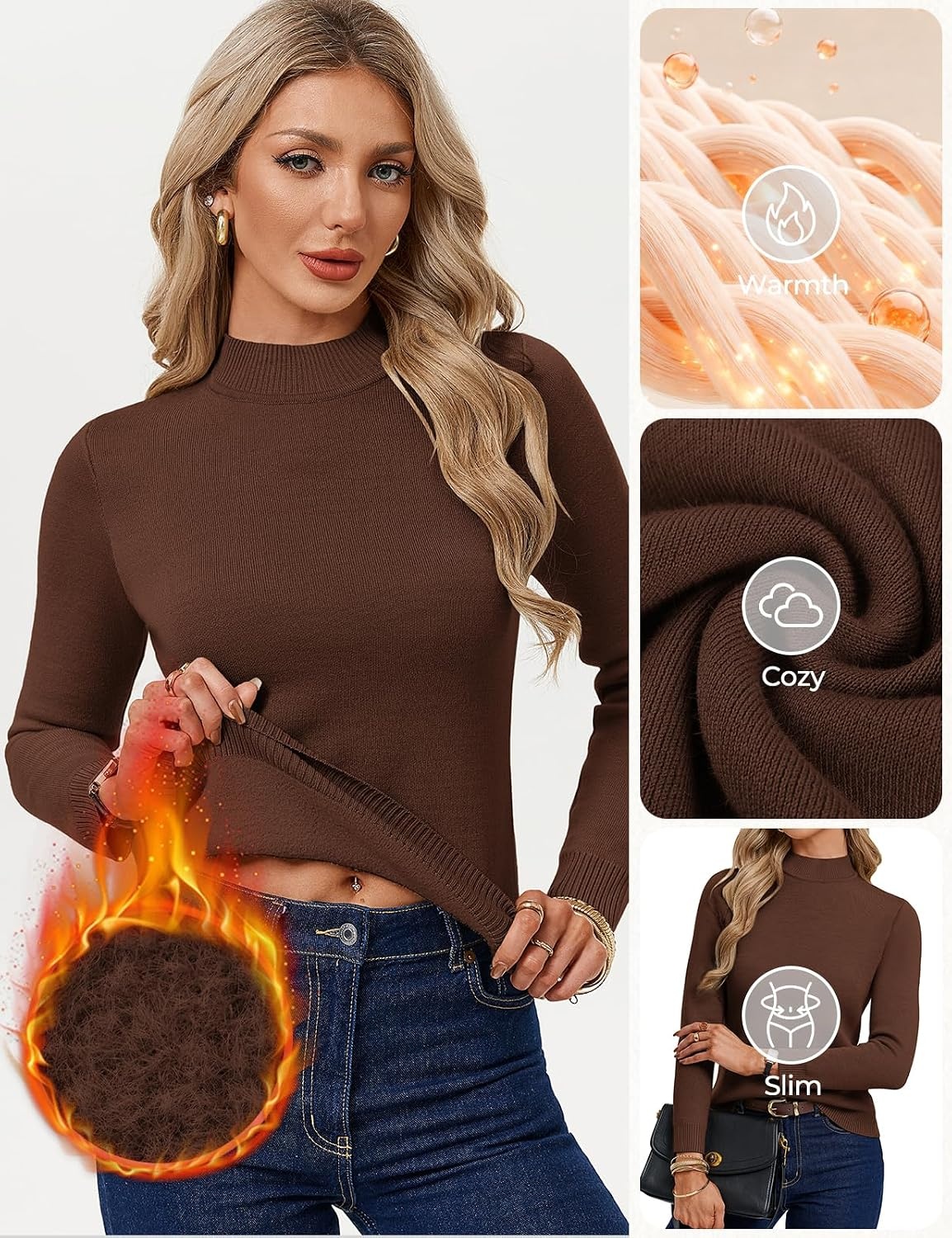 image:imageGRACE KARIN Women Fleece Sherpa Lined Sweater Long Sleeve Mock Neck TopsCoffee