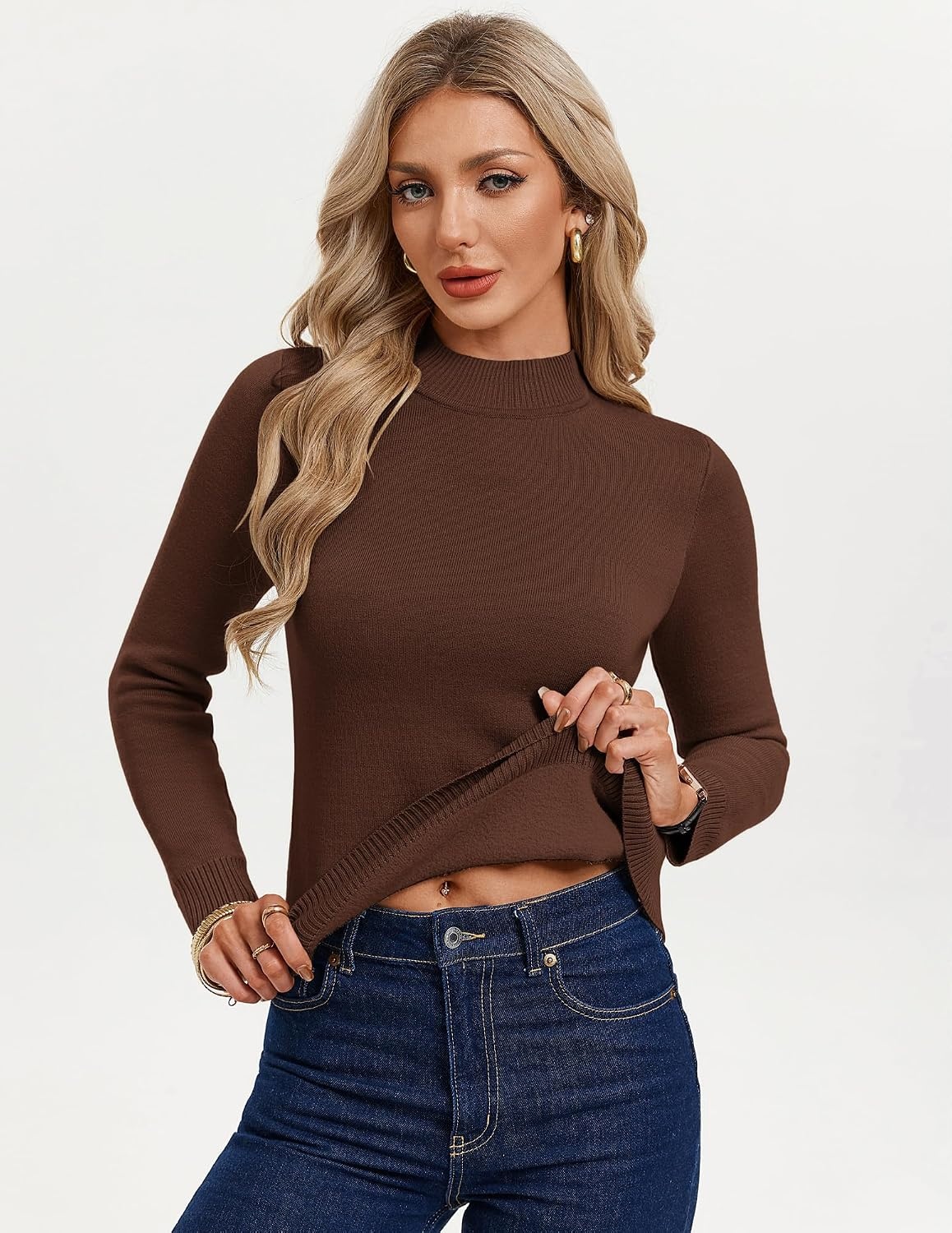 image:imageGRACE KARIN Women Fleece Sherpa Lined Sweater Long Sleeve Mock Neck TopsCoffee