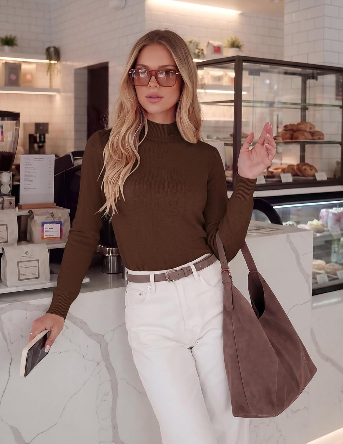 image:imageGRACE KARIN Women Fleece Sherpa Lined Sweater Long Sleeve Mock Neck TopsCoffee