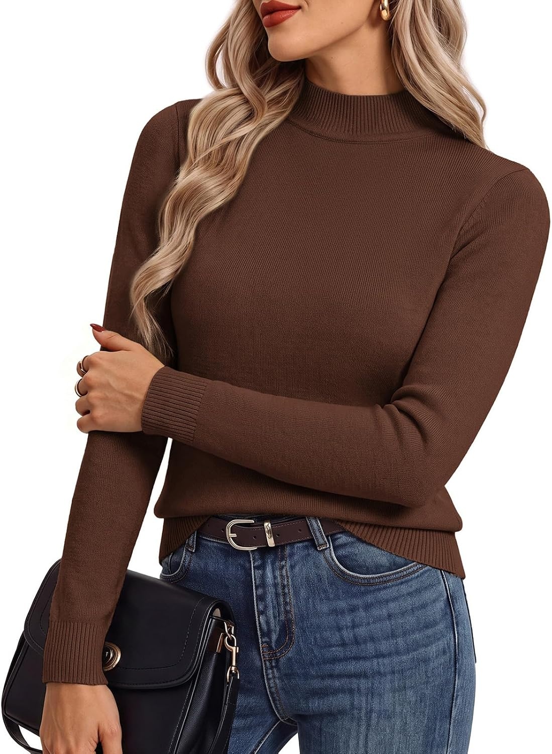 image:imageGRACE KARIN Women Fleece Sherpa Lined Sweater Long Sleeve Mock Neck TopsCoffee