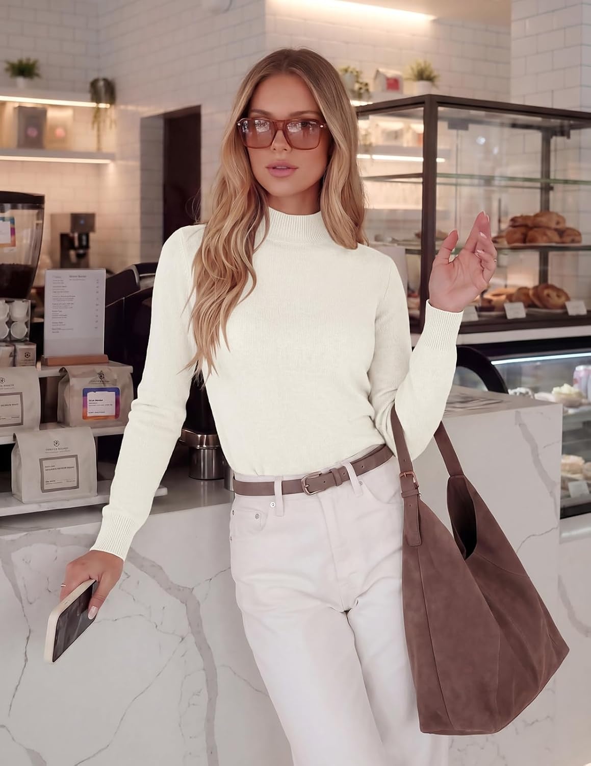 image:imageGRACE KARIN Women Fleece Sherpa Lined Sweater Long Sleeve Mock Neck TopsIvory White
