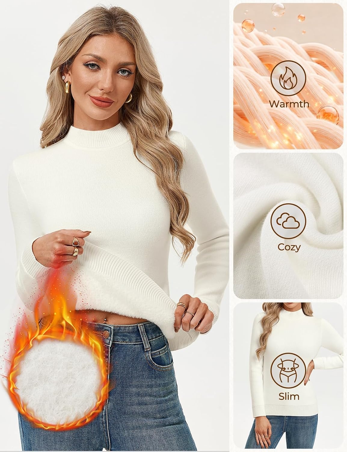image:imageGRACE KARIN Women Fleece Sherpa Lined Sweater Long Sleeve Mock Neck TopsIvory White