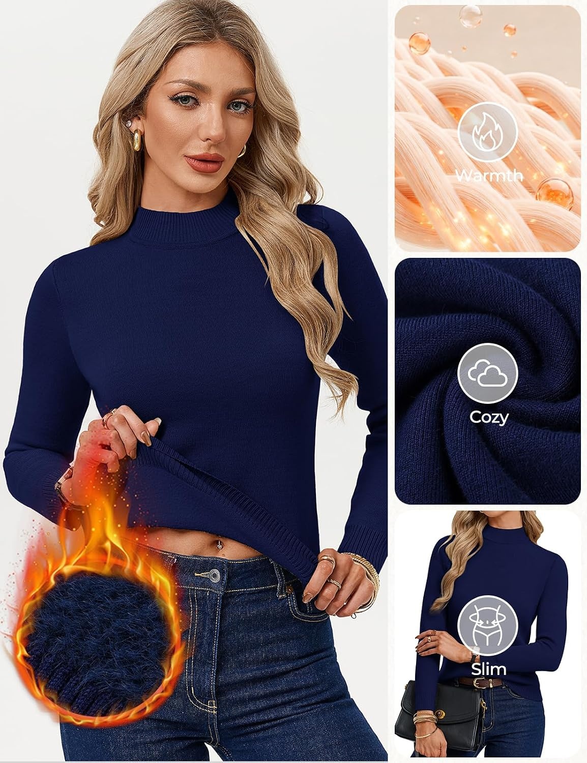 image:imageGRACE KARIN Women Fleece Sherpa Lined Sweater Long Sleeve Mock Neck TopsNavy