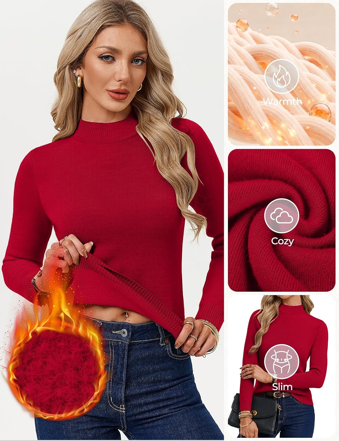 image:imageGRACE KARIN Women Fleece Sherpa Lined Sweater Long Sleeve Mock Neck TopsRed