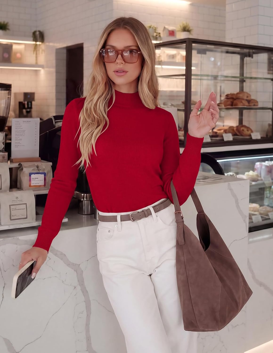 image:imageGRACE KARIN Women Fleece Sherpa Lined Sweater Long Sleeve Mock Neck TopsRed