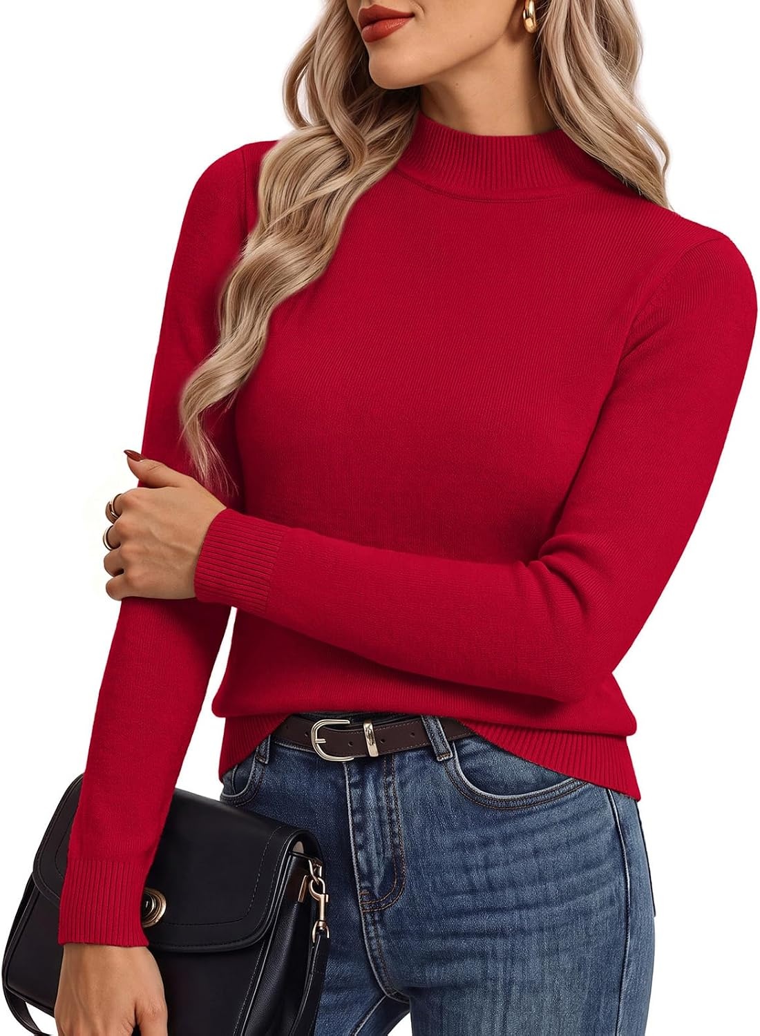 image:imageGRACE KARIN Women Fleece Sherpa Lined Sweater Long Sleeve Mock Neck TopsRed