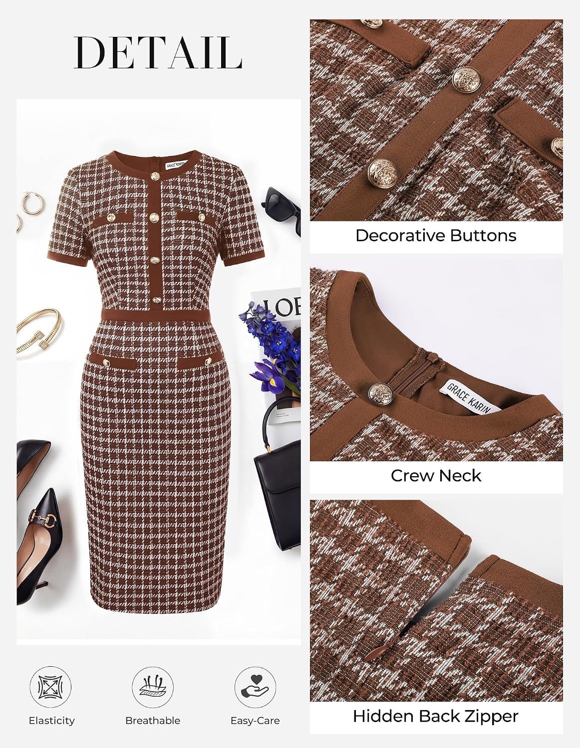 image:imageGRACE KARIN Women Work Business Short Sleeve Bodycon Tweed DressBrown