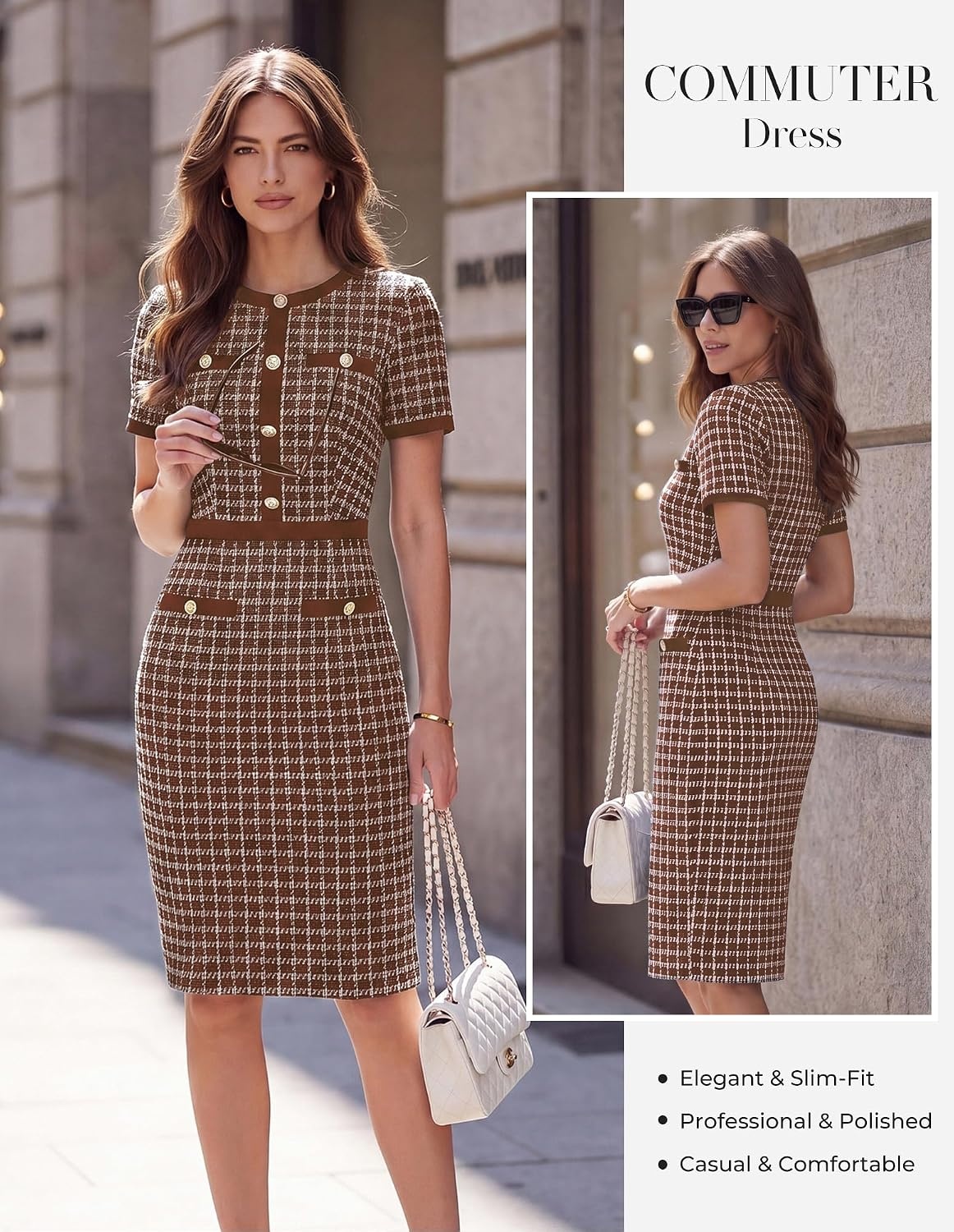 image:imageGRACE KARIN Women Work Business Short Sleeve Bodycon Tweed DressBrown