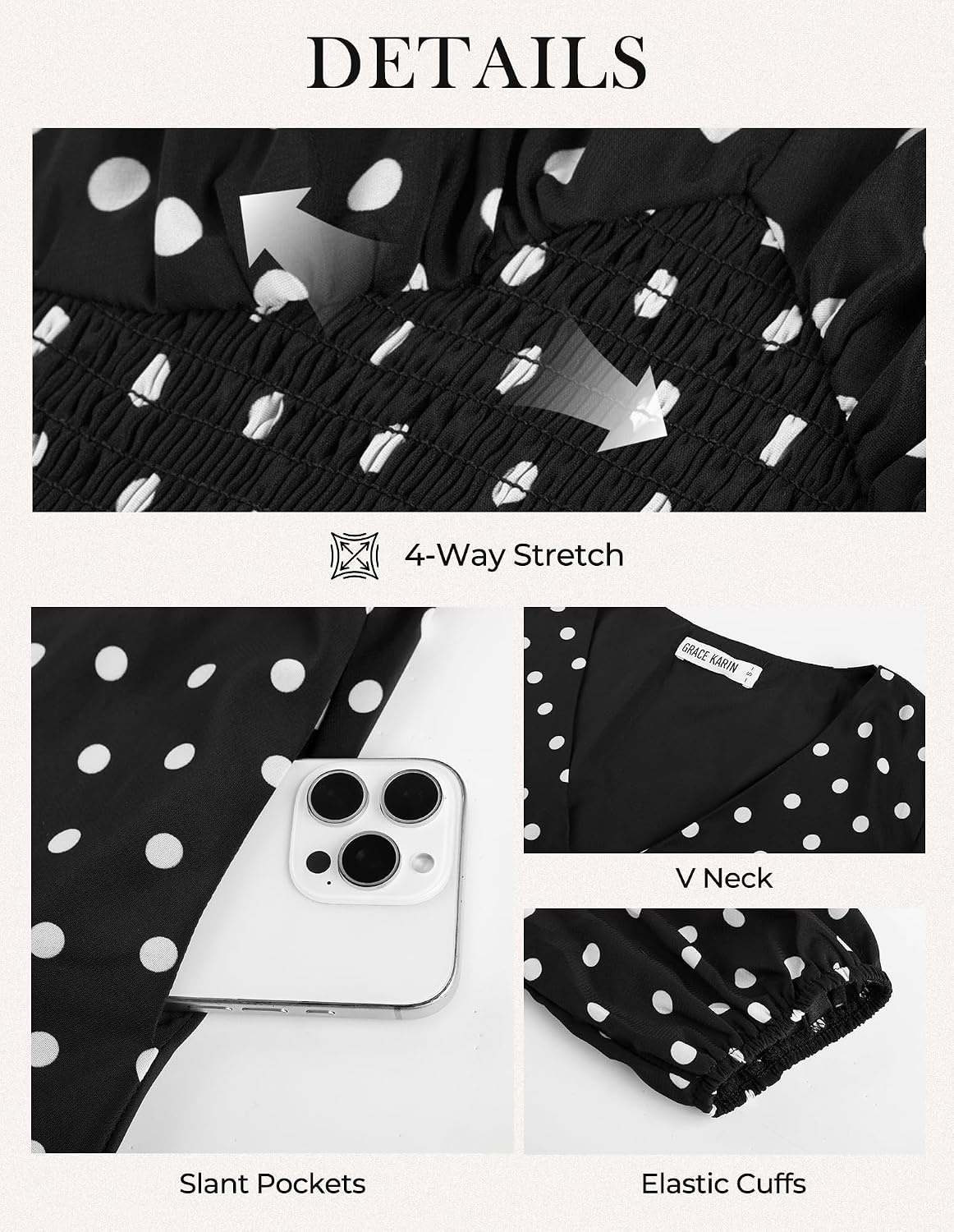 image:imageGRACE KARIN Womens Fall Long Sleeve Mini Short Dress 2026Black White Polka Dots