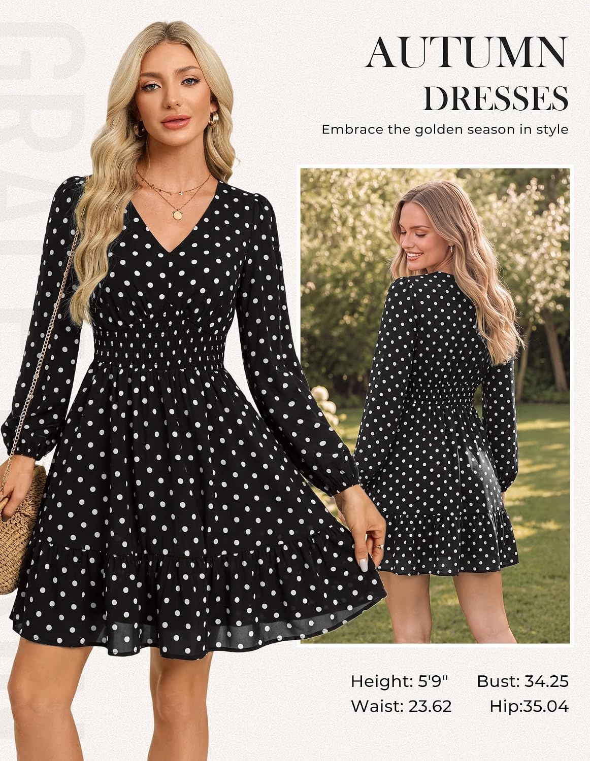 image:imageGRACE KARIN Womens Fall Long Sleeve Mini Short Dress 2026Black White Polka Dots
