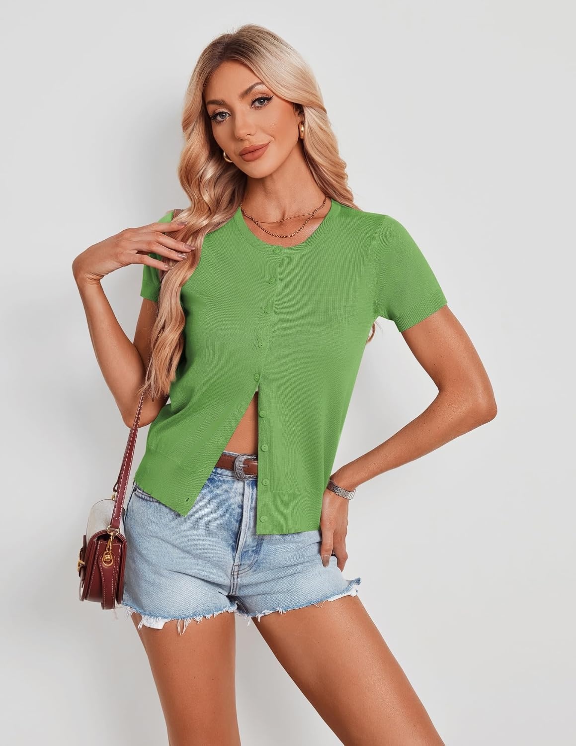 image:imageGRACE KARIN Womens Short Sleeve Cardigan Sweaters Lightweight Fall OutfitsForest Green