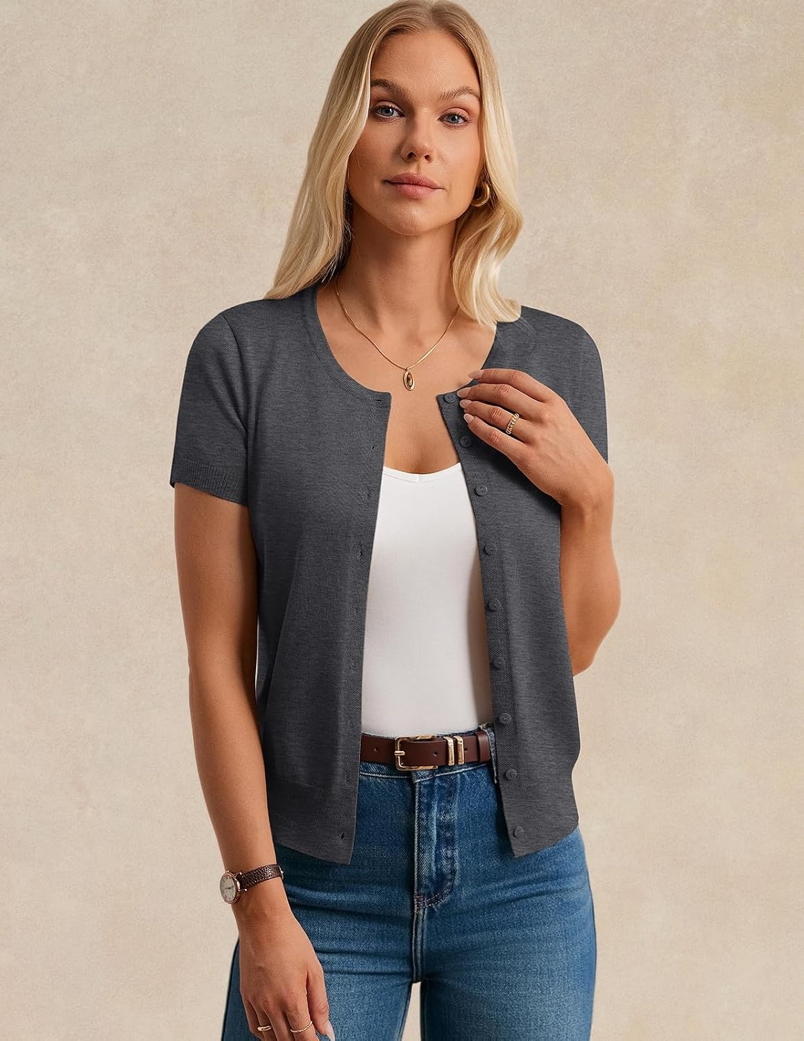 image:imageGRACE KARIN Womens Short Sleeve Cardigan Sweaters Lightweight Fall OutfitsGray Heather