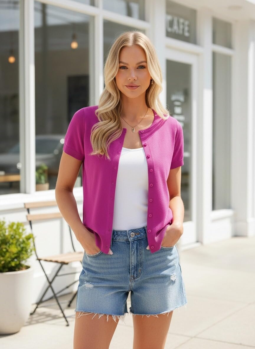 image:imageGRACE KARIN Womens Short Sleeve Cardigan Sweaters Lightweight Fall OutfitsHot Pink