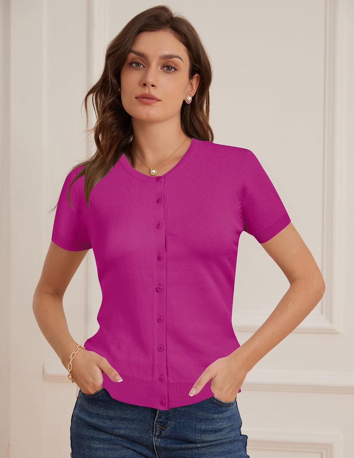 image:imageGRACE KARIN Womens Short Sleeve Cardigan Sweaters Lightweight Fall OutfitsHot Pink