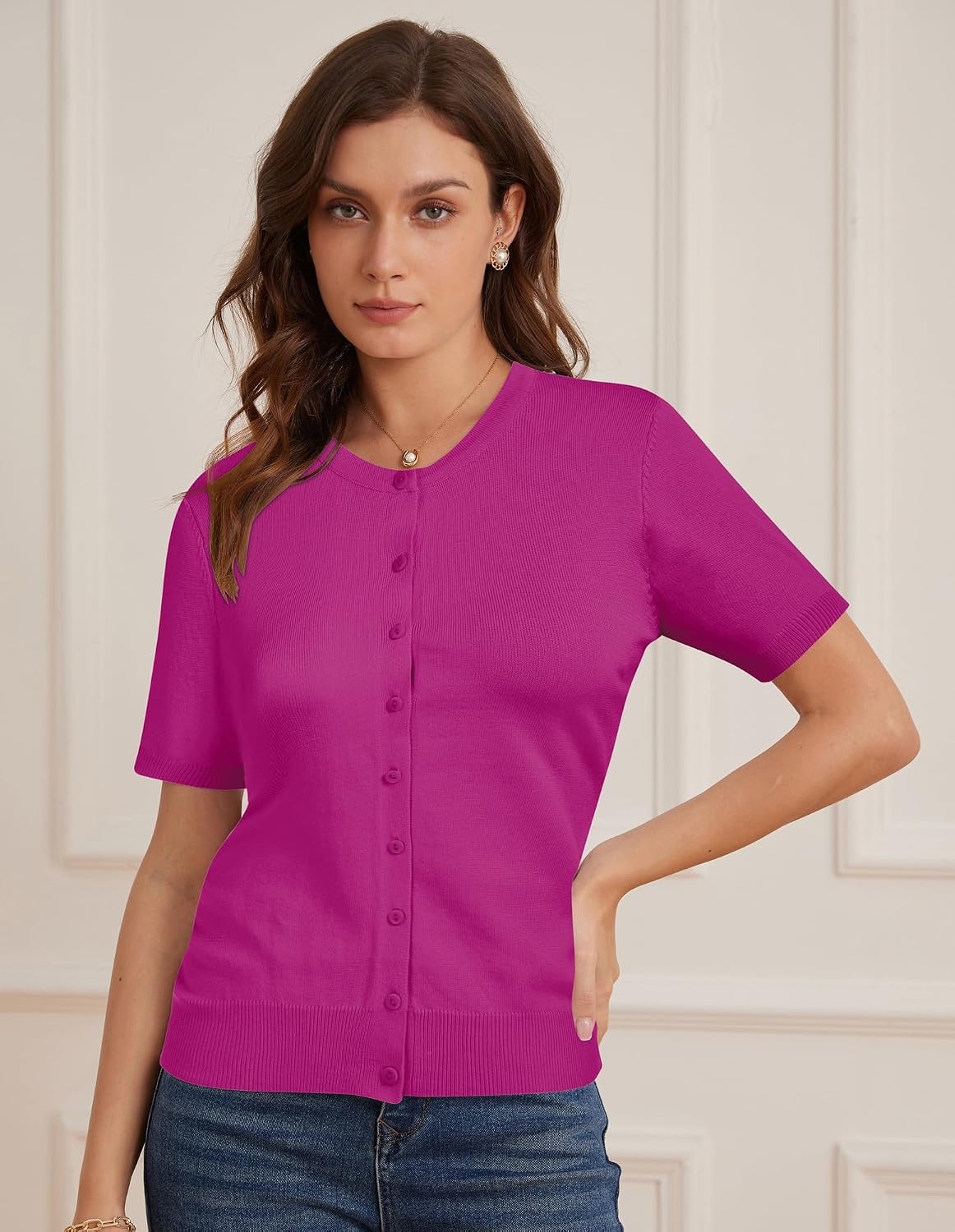 image:imageGRACE KARIN Womens Short Sleeve Cardigan Sweaters Lightweight Fall OutfitsHot Pink