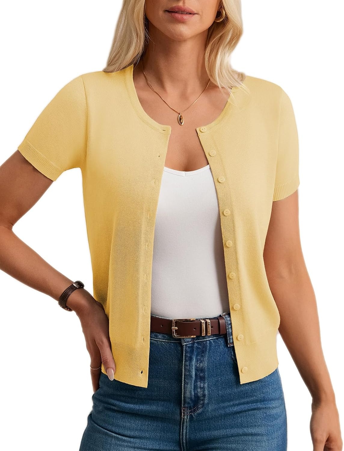 image:imageGRACE KARIN Womens Short Sleeve Cardigan Sweaters Lightweight Fall OutfitsLight Yellow