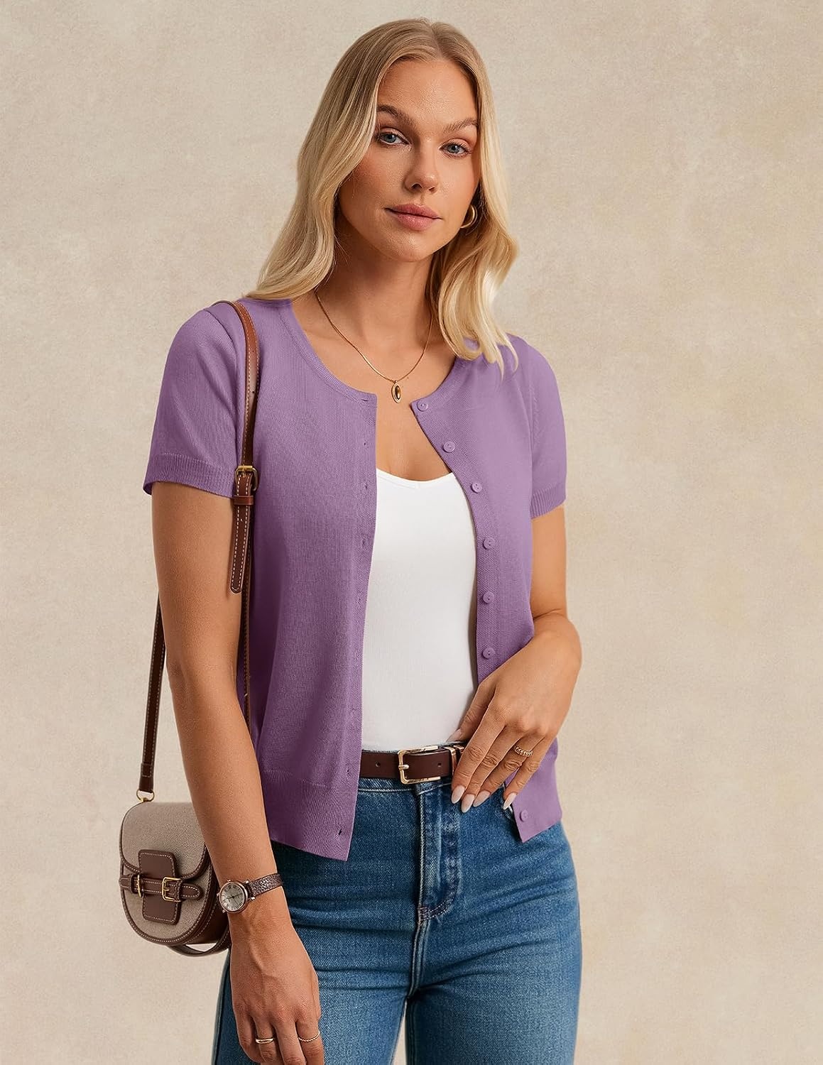 image:imageGRACE KARIN Womens Short Sleeve Cardigan Sweaters Lightweight Fall OutfitsPurple