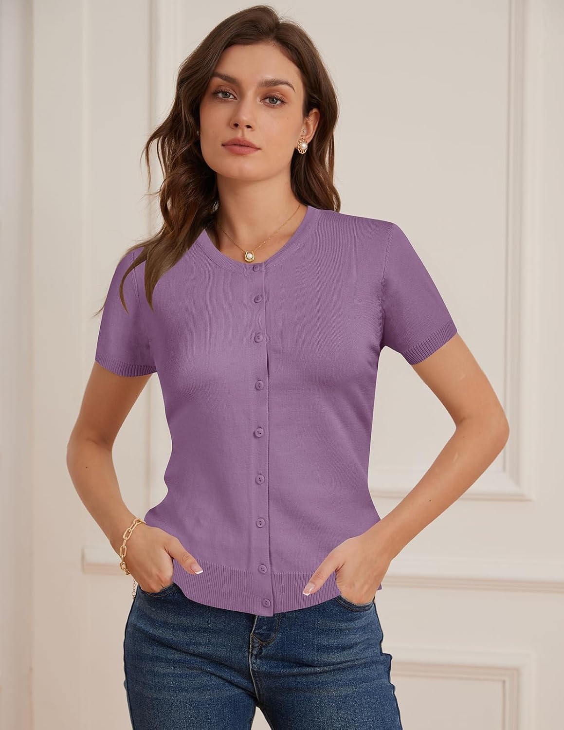 image:imageGRACE KARIN Womens Short Sleeve Cardigan Sweaters Lightweight Fall OutfitsPurple