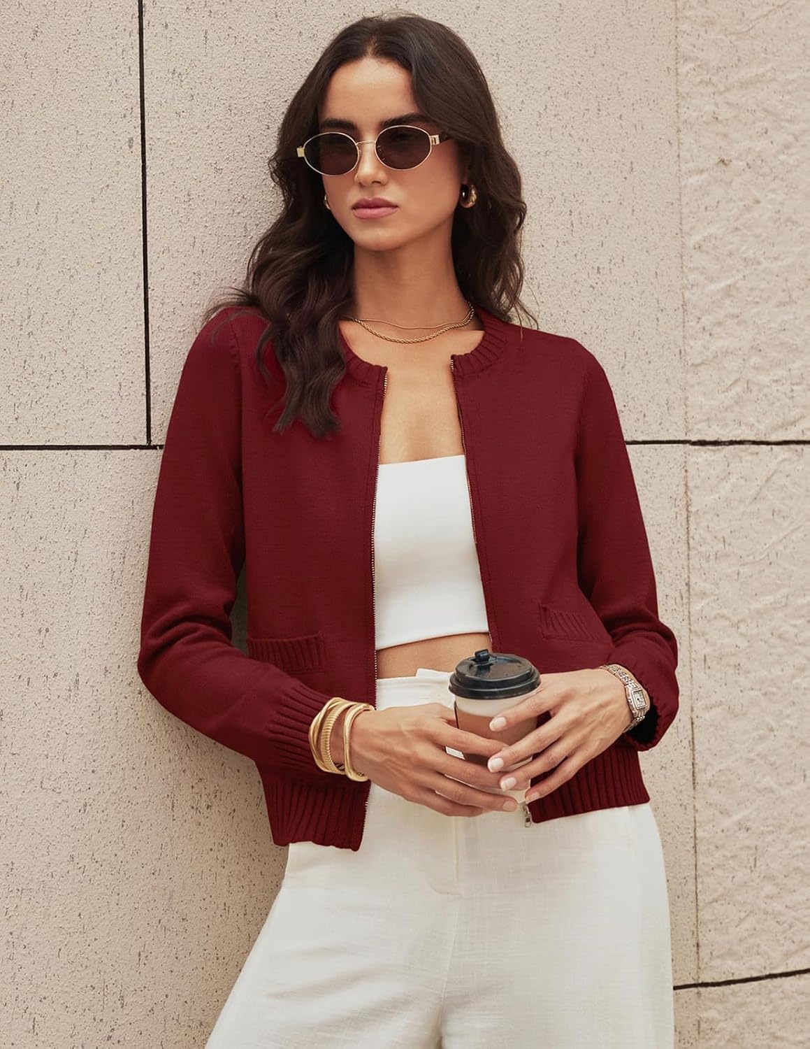 image:imageGRACE KARIN Zip up Cardigan Sweaters for Women Ribbed Knit Cropped JacketBurgundy