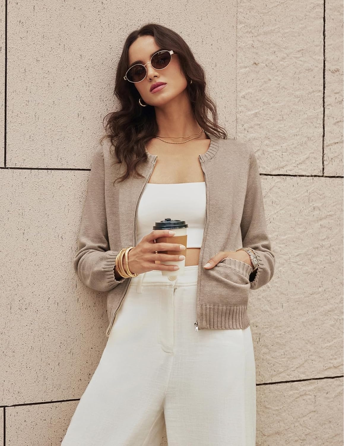 image:imageGRACE KARIN Zip up Cardigan Sweaters for Women Ribbed Knit Cropped JacketKhaki Apricot