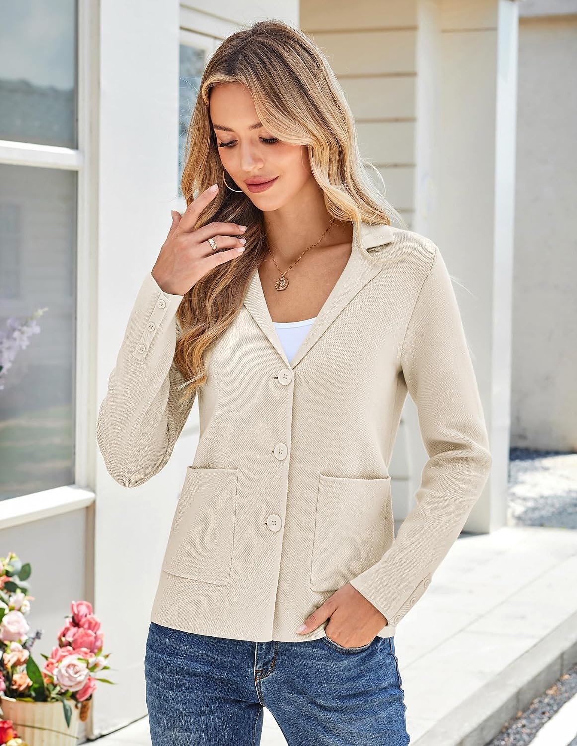 image:imageKANCY KOLE Sweater Blazer Women Casual Bussiness Stretchy Knit BlazersApricot
