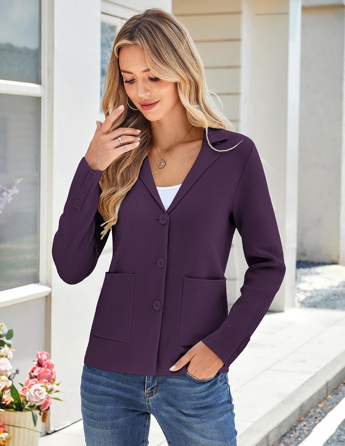 image:imageKANCY KOLE Sweater Blazer Women Casual Bussiness Stretchy Knit BlazersPurple