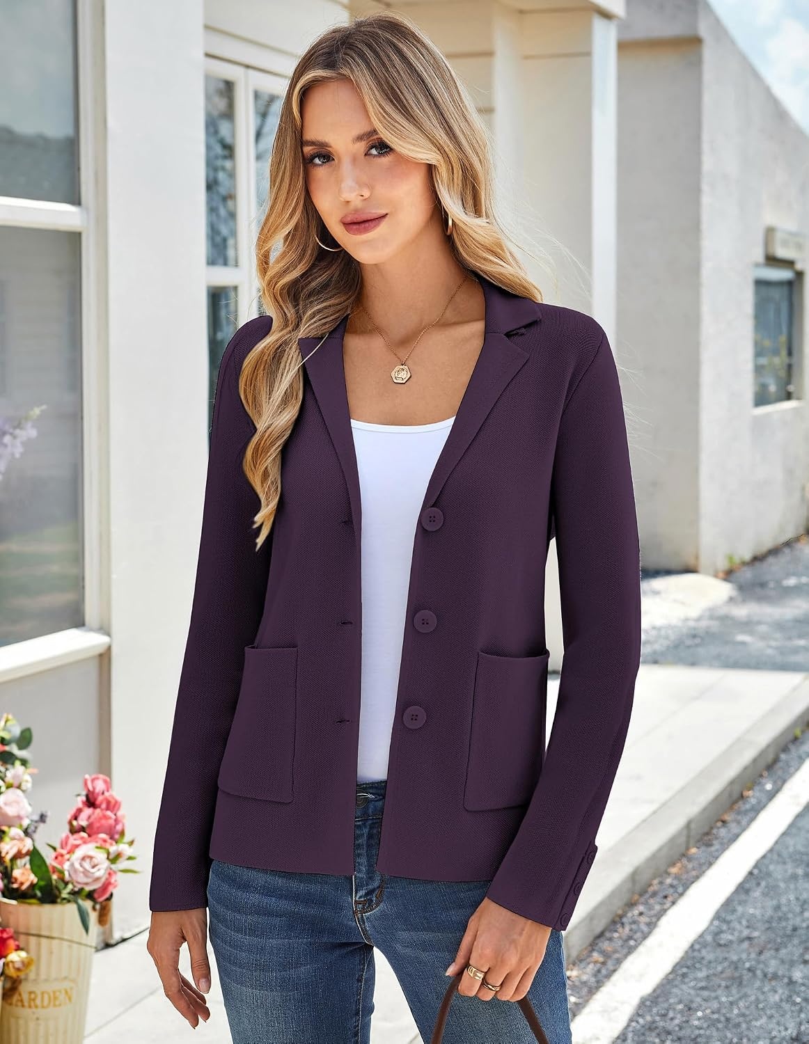 image:imageKANCY KOLE Sweater Blazer Women Casual Bussiness Stretchy Knit BlazersPurple