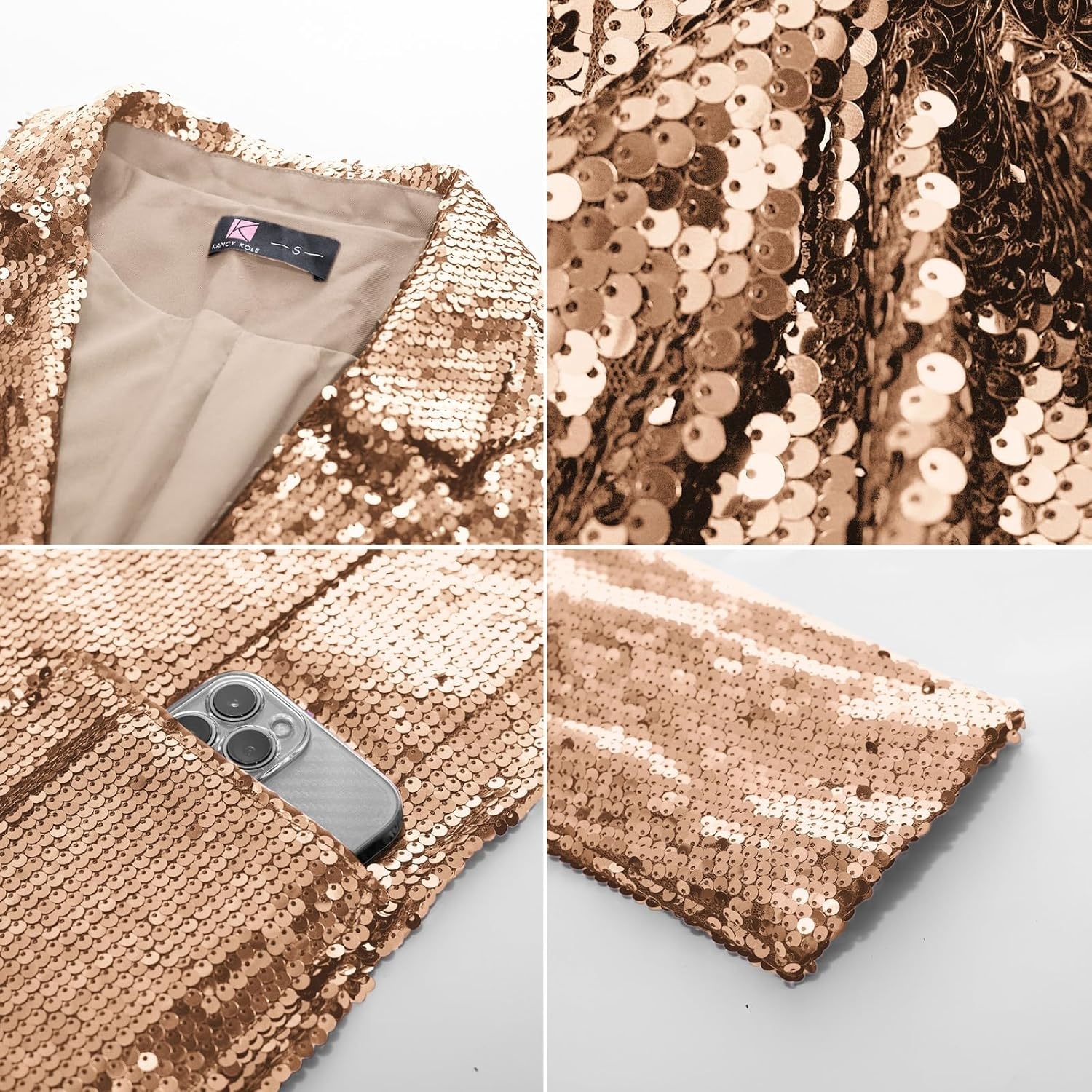 image:imageKANCY KOLE Womens Sequin Jackets Open Front Blazer Jacket Casual Long Sleeve Sparkly Cardigan Coat with Pocket SXXLChampagne