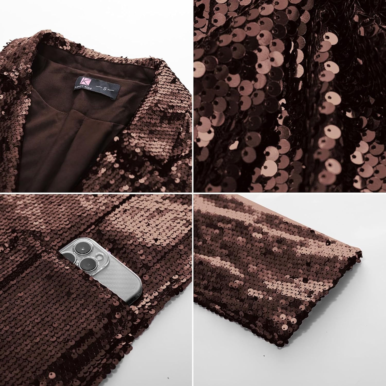 image:imageKANCY KOLE Womens Sequin Jackets Open Front Blazer Jacket Casual Long Sleeve Sparkly Cardigan Coat with Pocket SXXLChocolate Brown