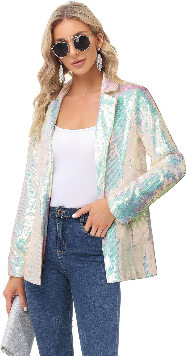 image:imageKANCY KOLE Womens Sequin Jackets Open Front Blazer Jacket Casual Long Sleeve Sparkly Cardigan Coat with Pocket SXXLColorful White