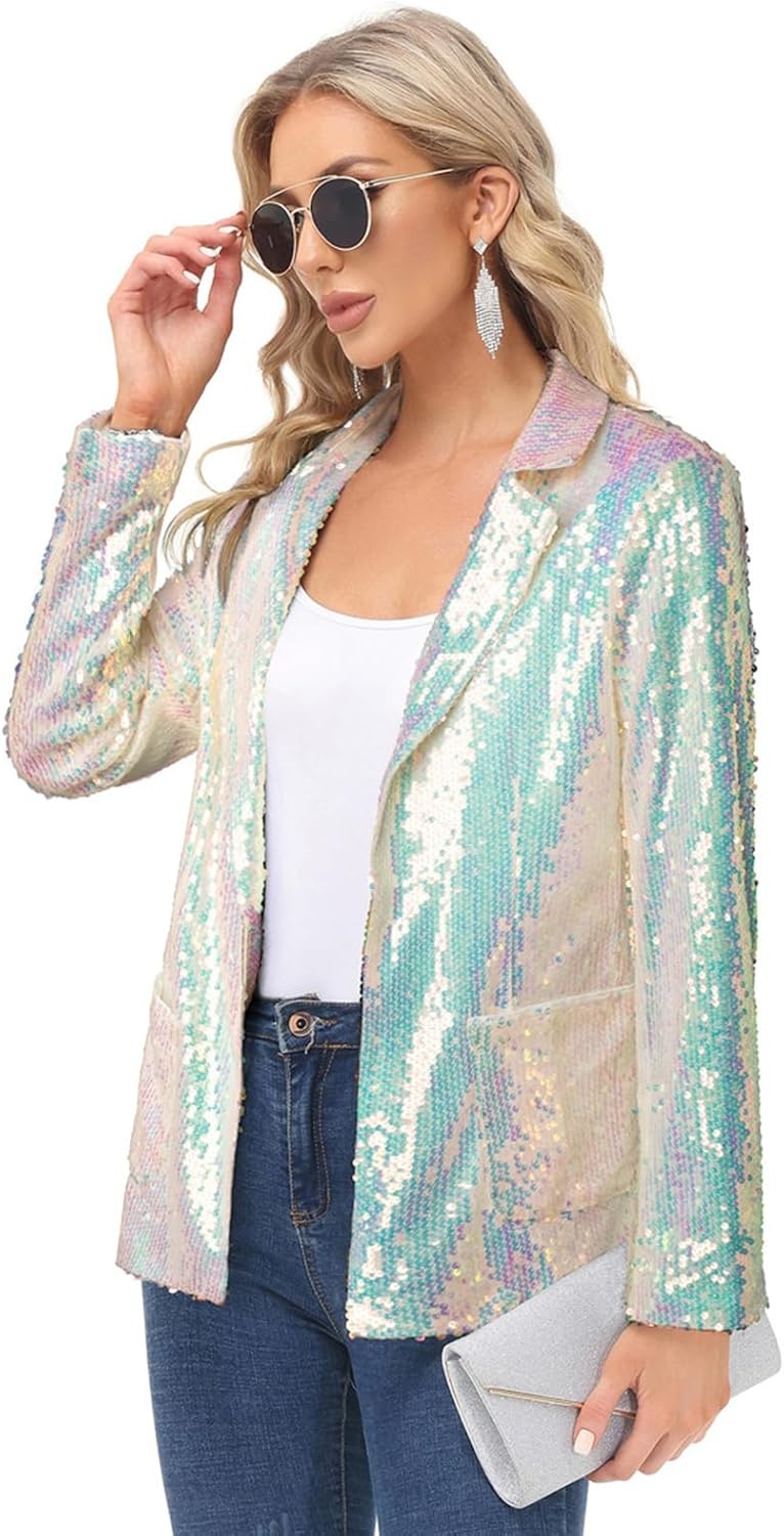 image:imageKANCY KOLE Womens Sequin Jackets Open Front Blazer Jacket Casual Long Sleeve Sparkly Cardigan Coat with Pocket SXXLColorful White