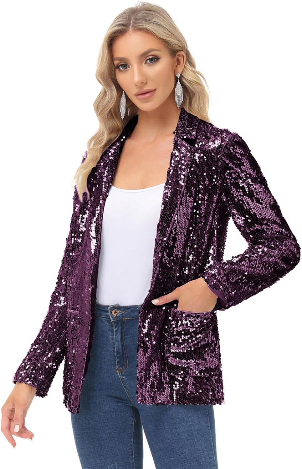 image:imageKANCY KOLE Womens Sequin Jackets Open Front Blazer Jacket Casual Long Sleeve Sparkly Cardigan Coat with Pocket SXXLDark Purple