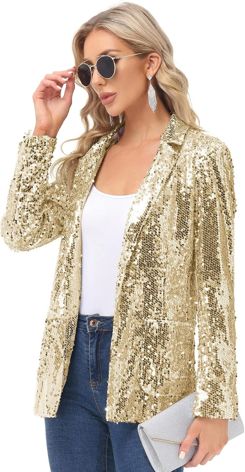 image:imageKANCY KOLE Womens Sequin Jackets Open Front Blazer Jacket Casual Long Sleeve Sparkly Cardigan Coat with Pocket SXXLGold