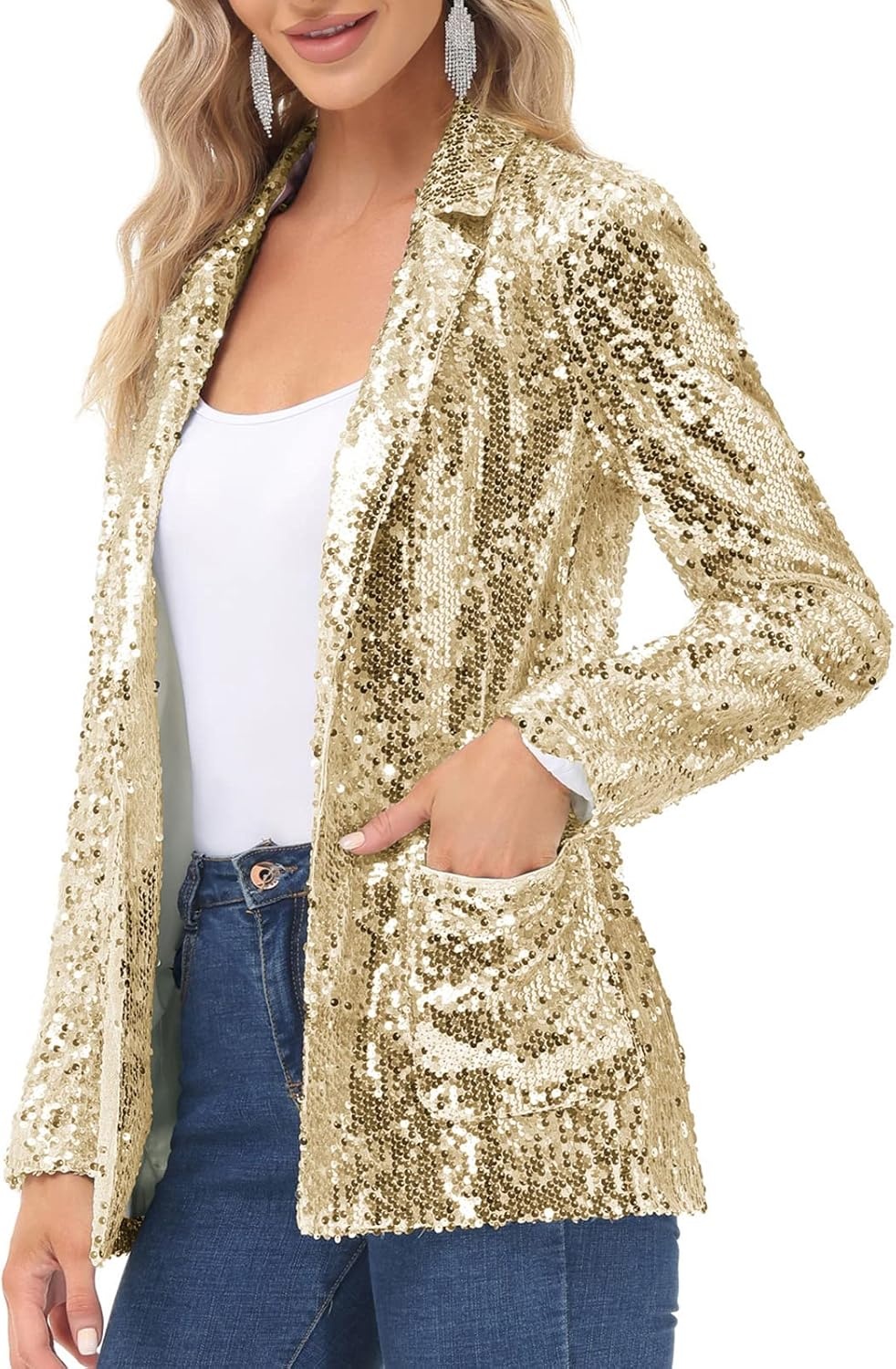 image:imageKANCY KOLE Womens Sequin Jackets Open Front Blazer Jacket Casual Long Sleeve Sparkly Cardigan Coat with Pocket SXXLGold