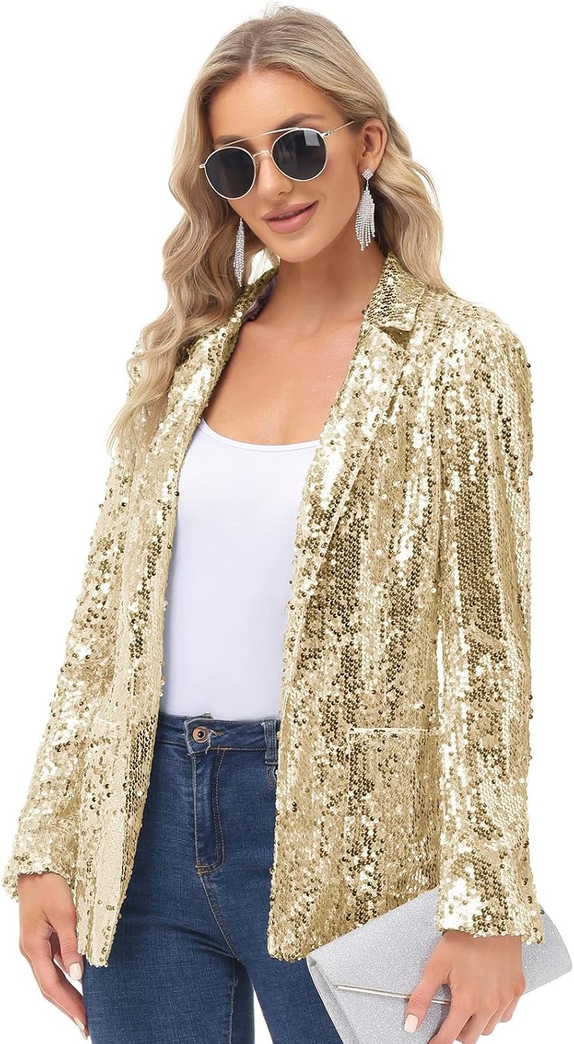 image:imageKANCY KOLE Womens Sequin Jackets Open Front Blazer Jacket Casual Long Sleeve Sparkly Cardigan Coat with Pocket SXXLGold