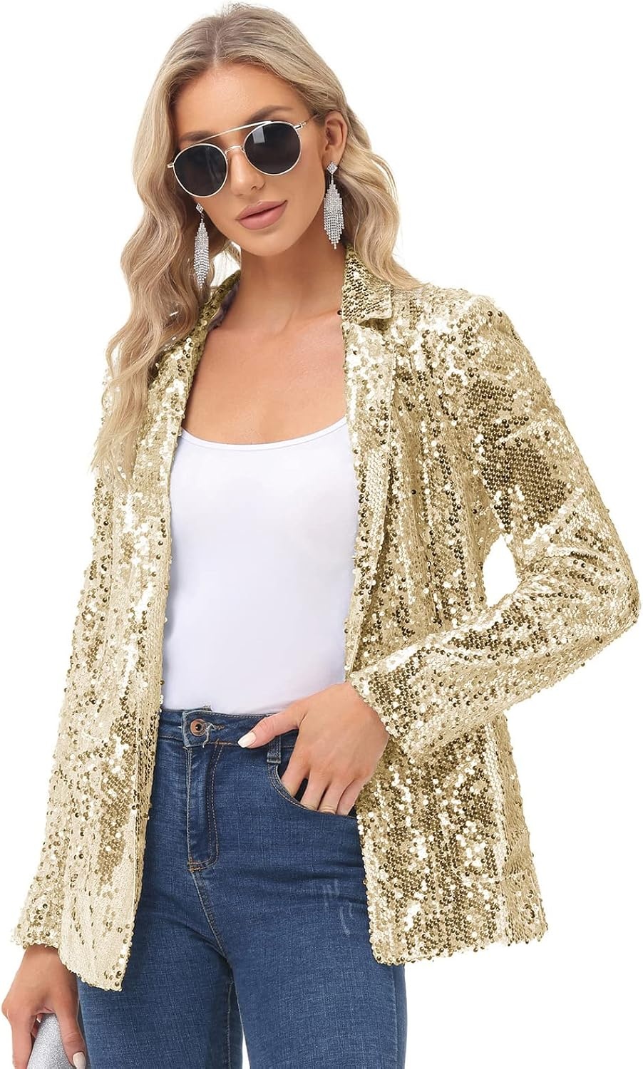 image:imageKANCY KOLE Womens Sequin Jackets Open Front Blazer Jacket Casual Long Sleeve Sparkly Cardigan Coat with Pocket SXXLGold