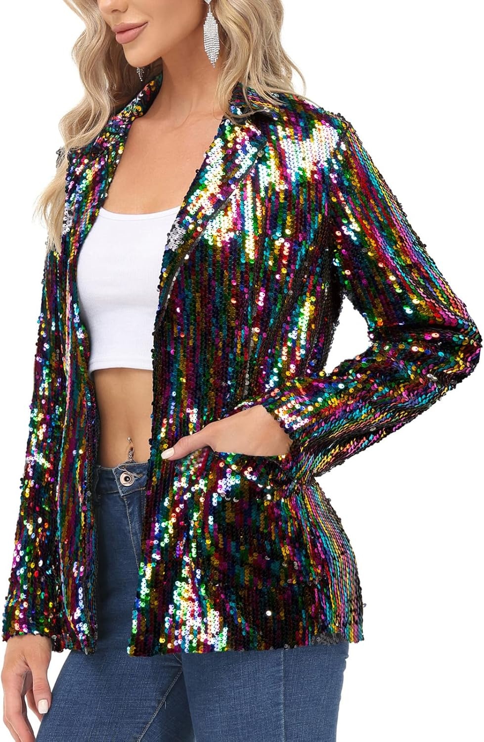 image:imageKANCY KOLE Womens Sequin Jackets Open Front Blazer Jacket Casual Long Sleeve Sparkly Cardigan Coat with Pocket SXXLMulticolor