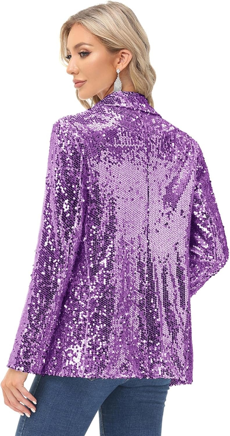 image:imageKANCY KOLE Womens Sequin Jackets Open Front Blazer Jacket Casual Long Sleeve Sparkly Cardigan Coat with Pocket SXXLPurple