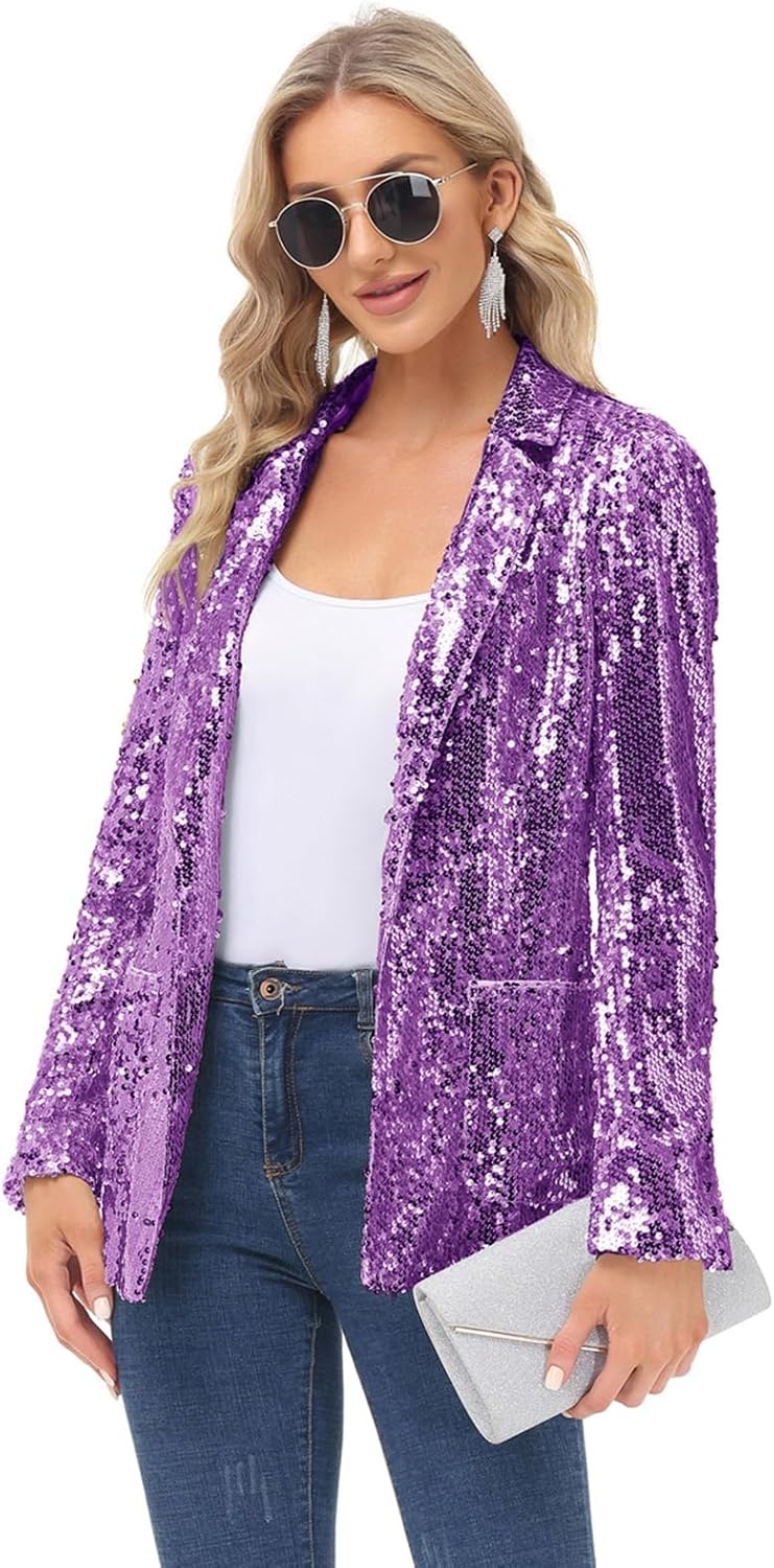 image:imageKANCY KOLE Womens Sequin Jackets Open Front Blazer Jacket Casual Long Sleeve Sparkly Cardigan Coat with Pocket SXXLPurple