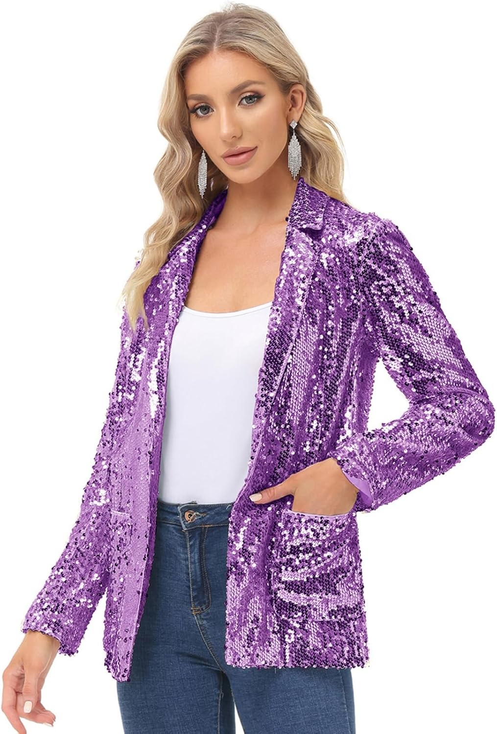 image:imageKANCY KOLE Womens Sequin Jackets Open Front Blazer Jacket Casual Long Sleeve Sparkly Cardigan Coat with Pocket SXXLPurple