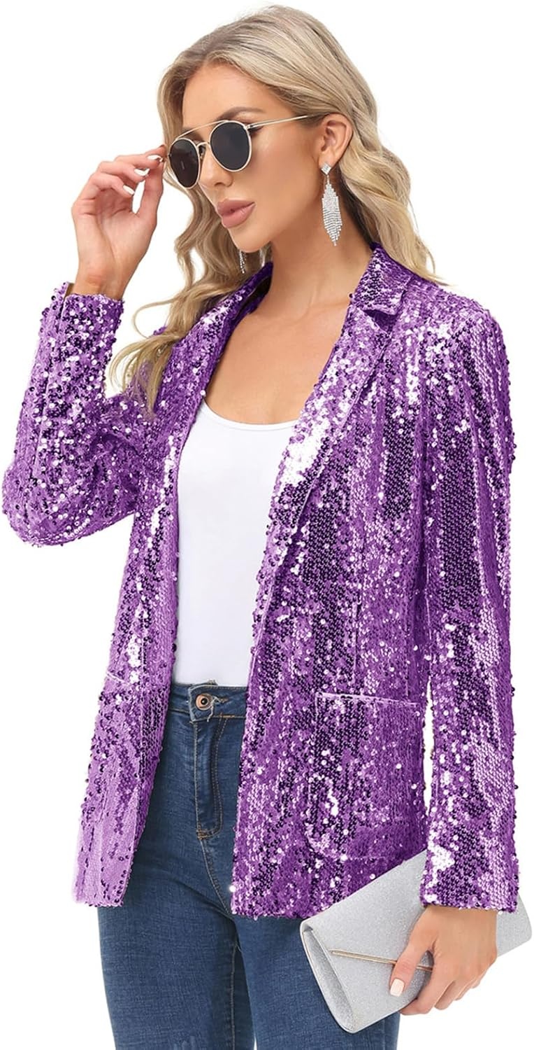 image:imageKANCY KOLE Womens Sequin Jackets Open Front Blazer Jacket Casual Long Sleeve Sparkly Cardigan Coat with Pocket SXXLPurple