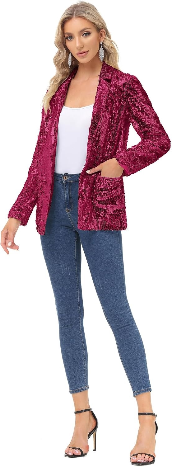 image:imageKANCY KOLE Womens Sequin Jackets Open Front Blazer Jacket Casual Long Sleeve Sparkly Cardigan Coat with Pocket SXXLRose Red