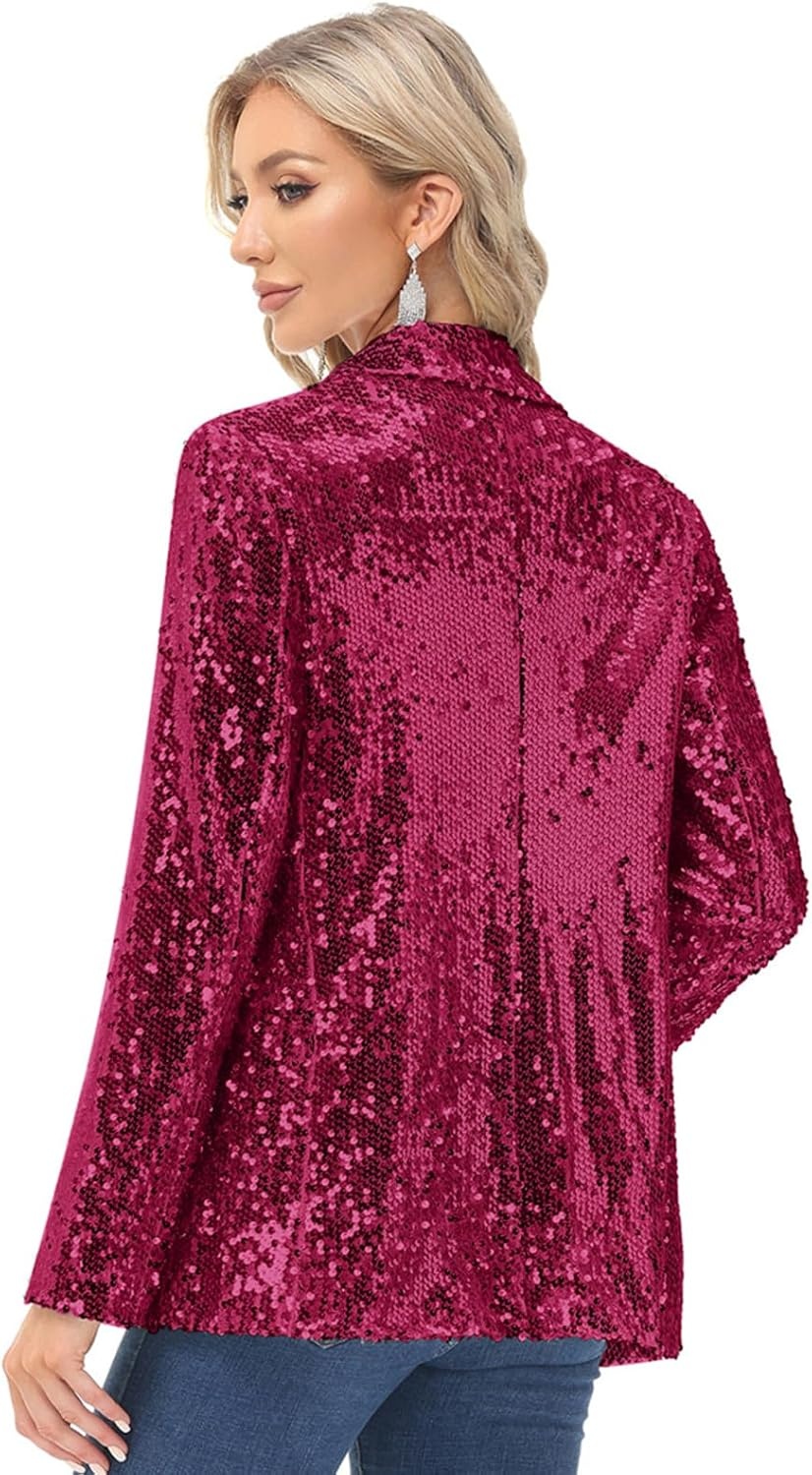 image:imageKANCY KOLE Womens Sequin Jackets Open Front Blazer Jacket Casual Long Sleeve Sparkly Cardigan Coat with Pocket SXXLRose Red