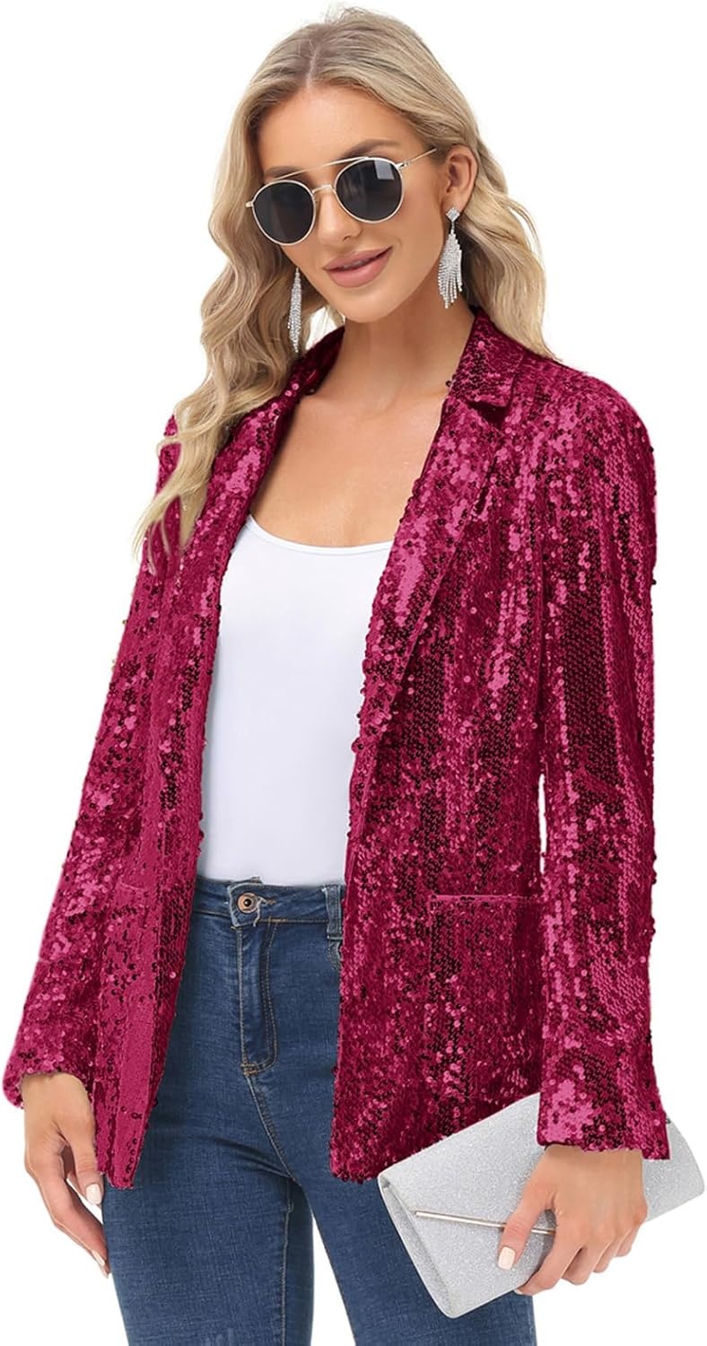 image:imageKANCY KOLE Womens Sequin Jackets Open Front Blazer Jacket Casual Long Sleeve Sparkly Cardigan Coat with Pocket SXXLRose Red