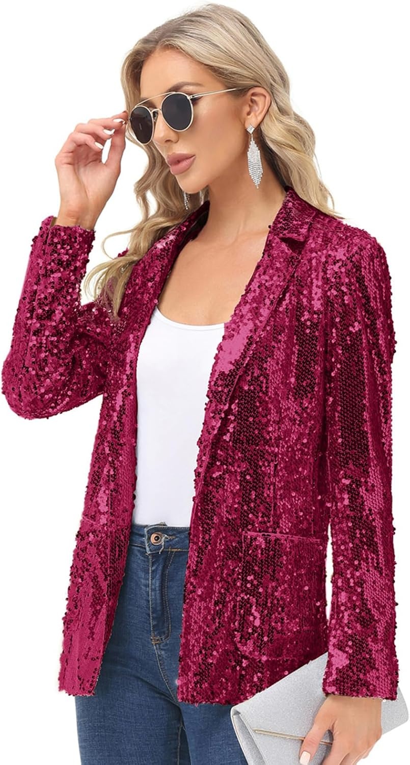 image:imageKANCY KOLE Womens Sequin Jackets Open Front Blazer Jacket Casual Long Sleeve Sparkly Cardigan Coat with Pocket SXXLRose Red