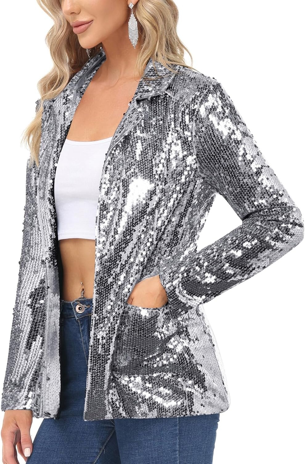 image:imageKANCY KOLE Womens Sequin Jackets Open Front Blazer Jacket Casual Long Sleeve Sparkly Cardigan Coat with Pocket SXXLSilver Grey